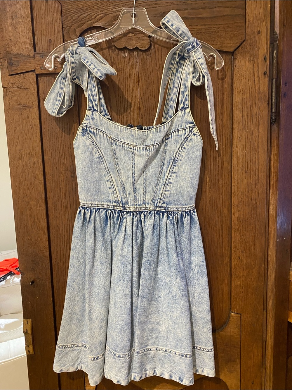 Alice + Olivia Light Wash Denim Tie-Shoulder Sundress